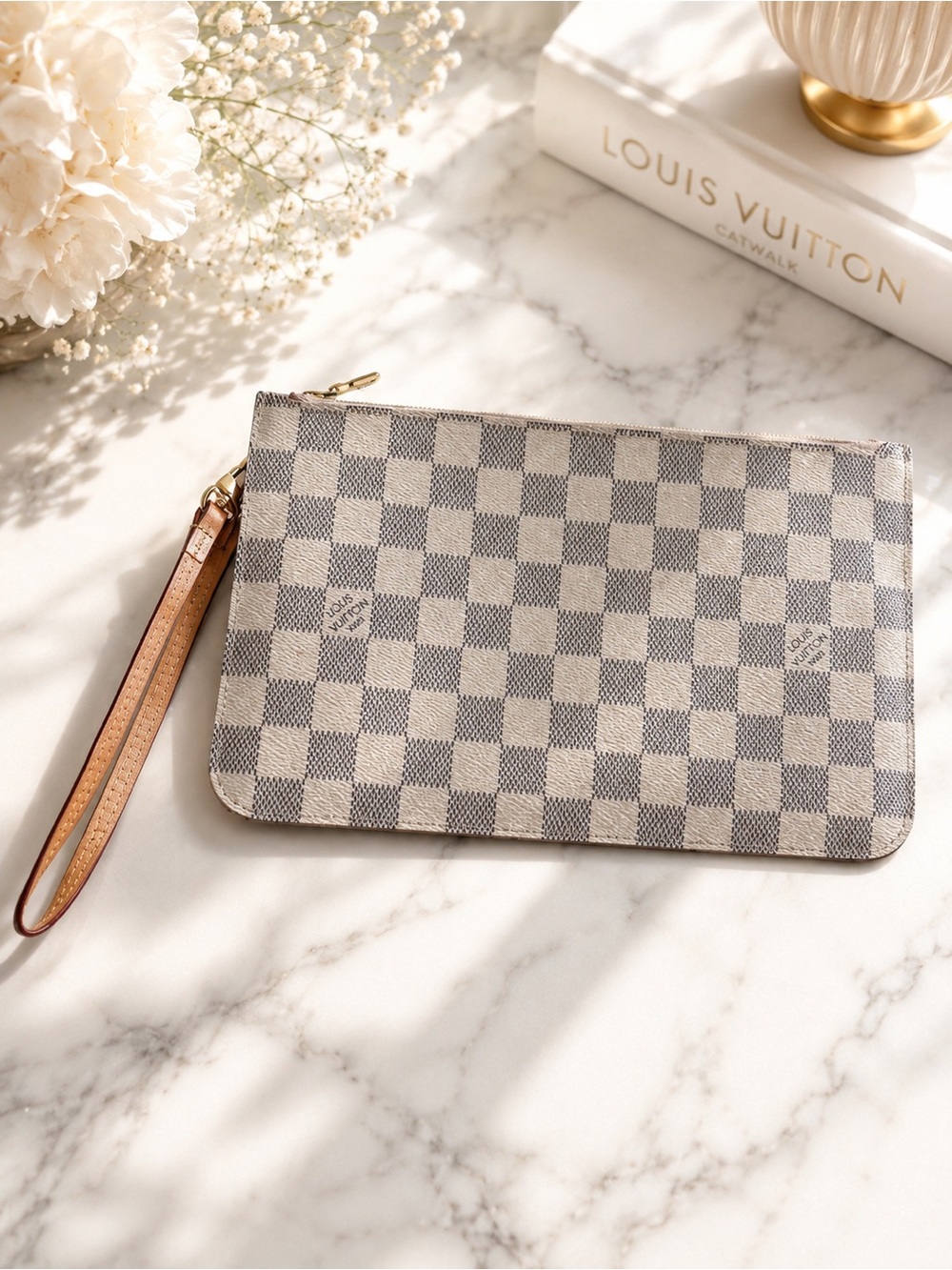 Authentic Louis Vuitton Damier Azur Neverfull Pochette Wristlet Pouch